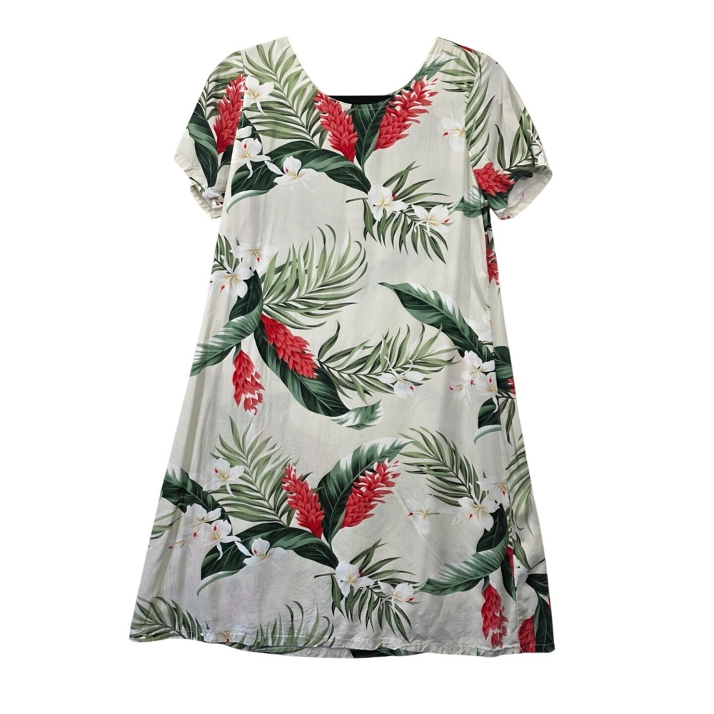 Bishop St. Apparel Hawaii Floral Rayon Shift Dress Cream Red Green Med Resort